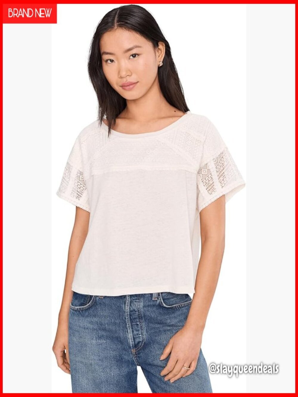 Short Sleeve Dolman Boat Neck Knit Top with Lace Accents